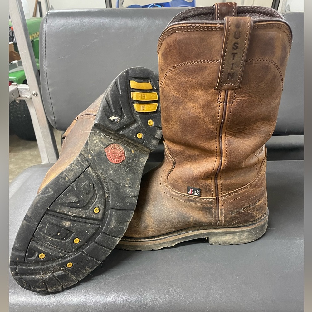 Justin Boots Brown Leather Cowboy Work Boots - Picture 6 of 7